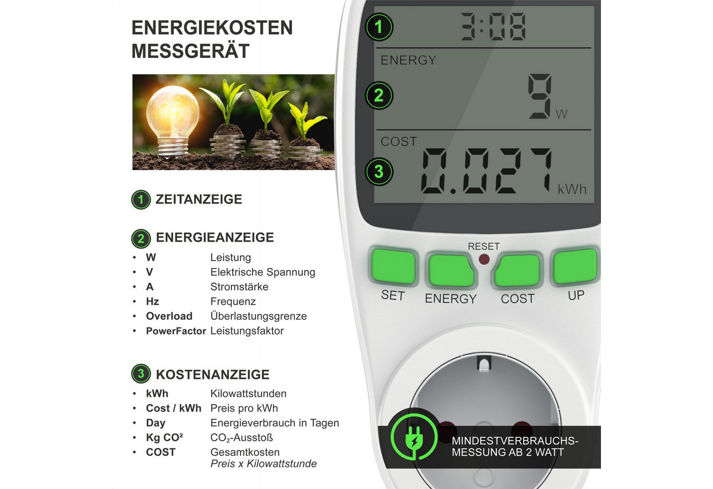 Arendo Energiekostenmessgerät 2er Set Energiekostenmessgerät Strommessgerät Steckdose, 2-tlg., Stromverbrauchszähler, Energiemessgerät, Energiekosten Anzeige Bild 5