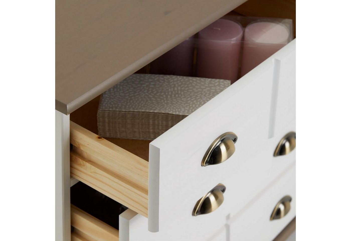 IDIMEX Apothekerschrank COLMAR Schubladenkommode mit Muschelgriff, Sideboard Massivholz weiß/taupe