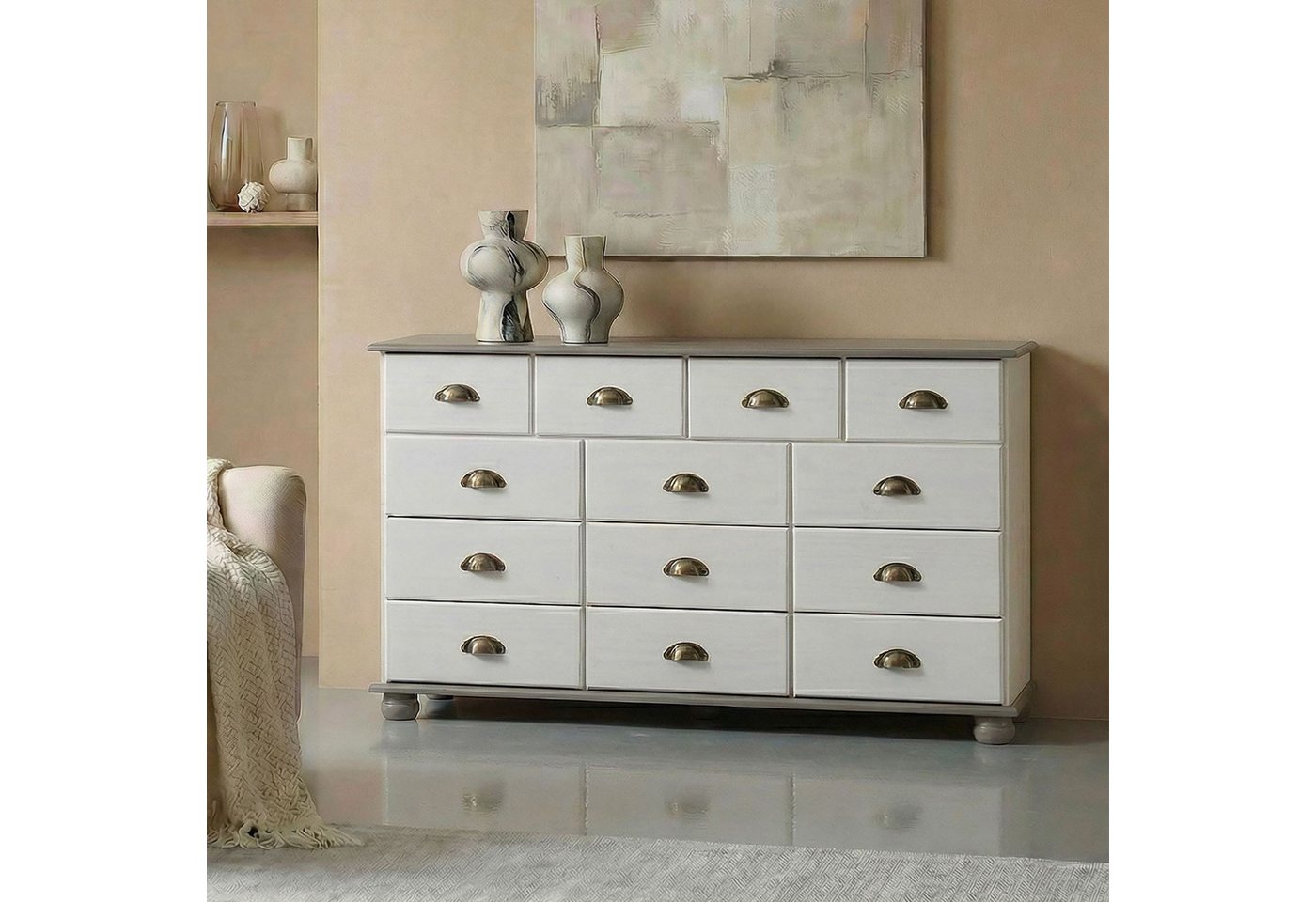 IDIMEX Apothekerschrank COLMAR Schubladenkommode mit Muschelgriff, Sideboard Massivholz weiß/taupe Bild 2