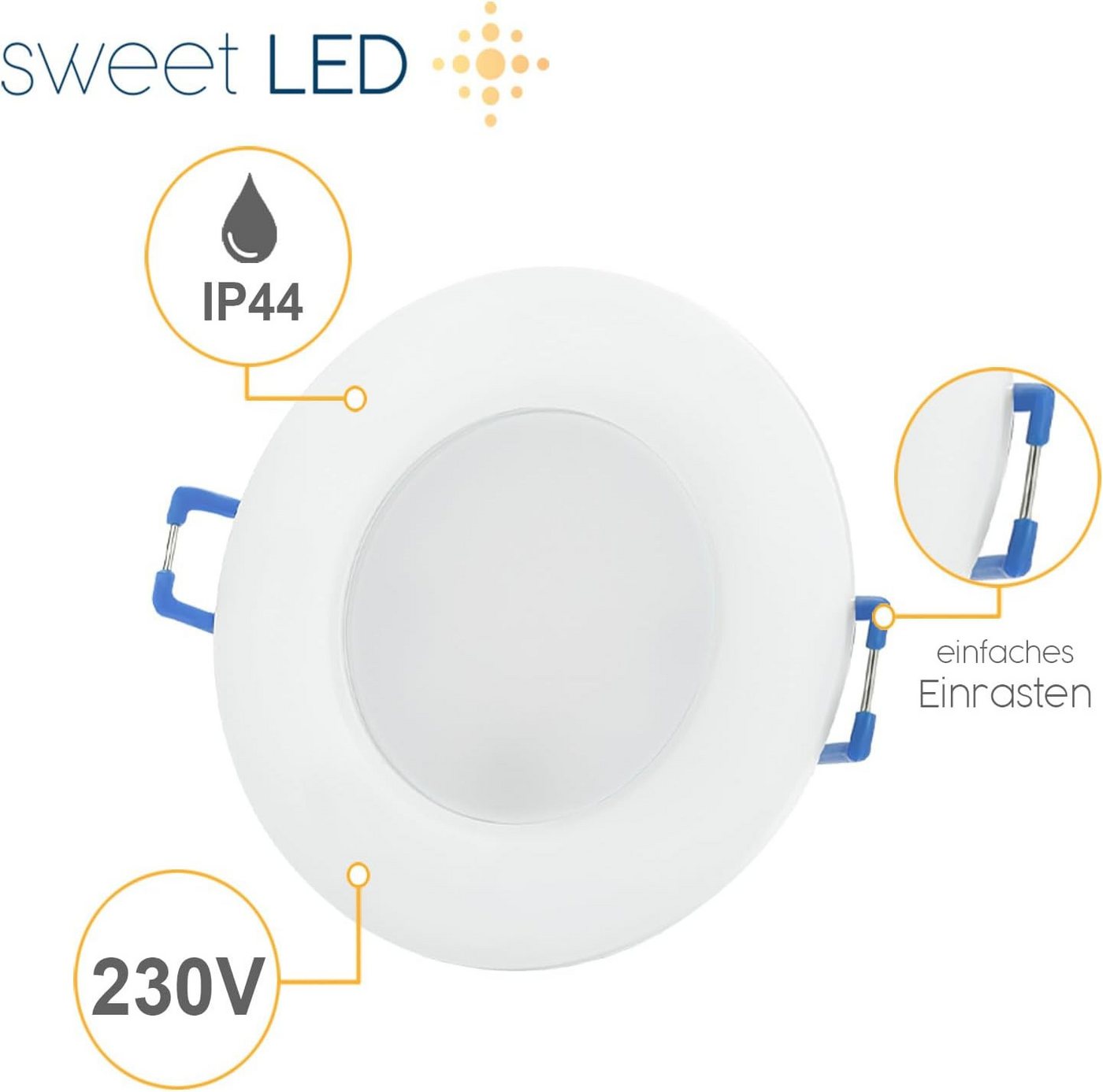 Sweet LED LED Einbaustrahler 10er SET IP44 CCT 230V LED Einbauspot flach 3000K 4000K 6500K Weiß, 3000K - 4000K - 6500K, Warmweiß - Neutralweiß - Kaltweiß, Deckenspots, Ø 85 mm, Einbauleuchten