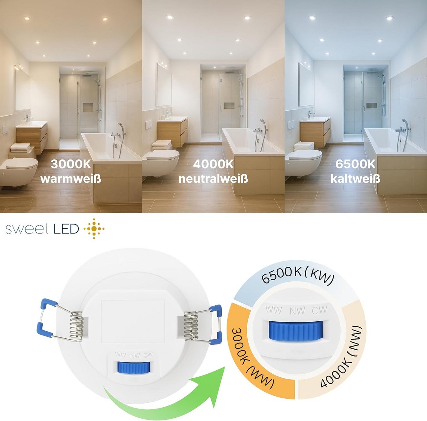 Sweet LED LED Einbaustrahler 10er SET IP44 CCT 230V LED Einbauspot flach 3000K 4000K 6500K Weiß, 3000K - 4000K - 6500K, Warmweiß - Neutralweiß - Kaltweiß, Deckenspots, Ø 85 mm, Einbauleuchten Bild 5