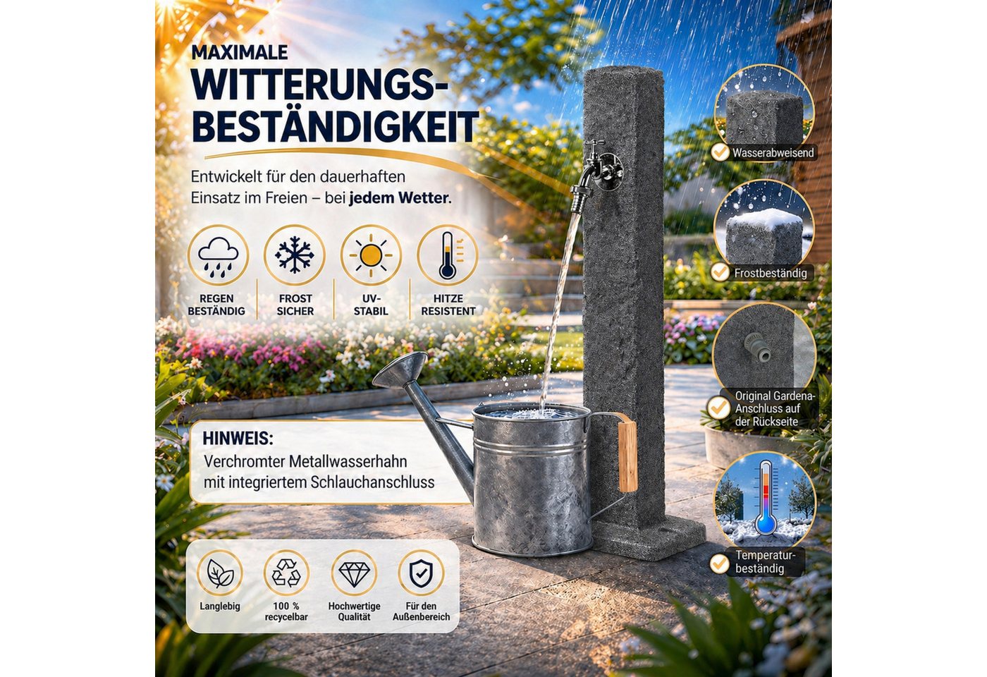 YourCasa Gartenbrunnen Wassersäule Garten, Stein-Optik, 98 cm, Wasserzapfsäule, 24 cm Breite, Verchromter Metallhahn mit Schlauchanschluss Bild 2
