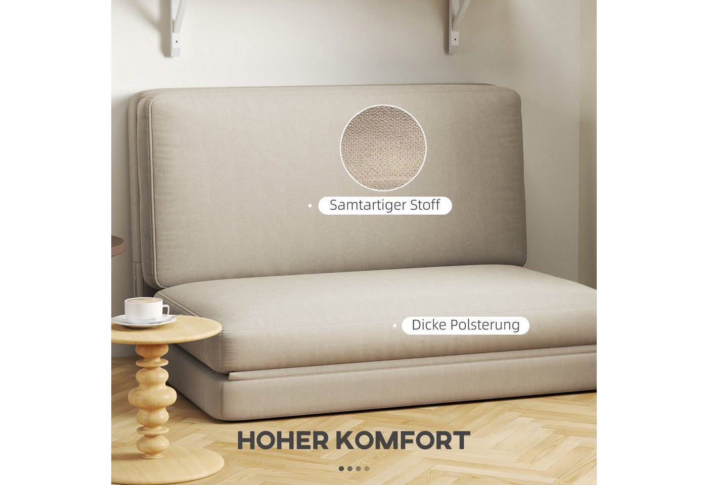 HOMCOM Sitzkissen 3-in-1 Klappbar Schlafsofa mit Samtoptik, für Schlafzimmer, Wohnzimmer, Beige Bild 2
