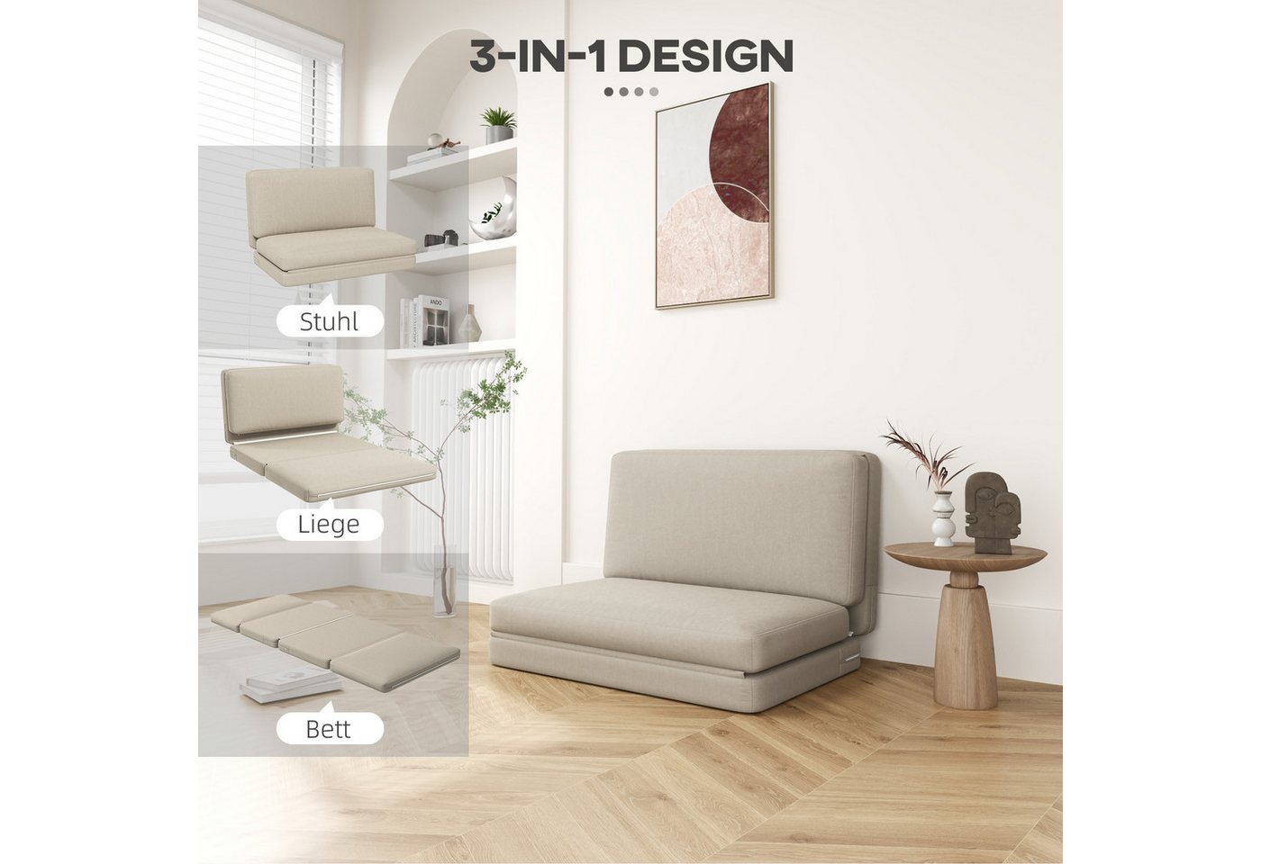 HOMCOM Sitzkissen 3-in-1 Klappbar Schlafsofa mit Samtoptik, für Schlafzimmer, Wohnzimmer, Beige Bild 3