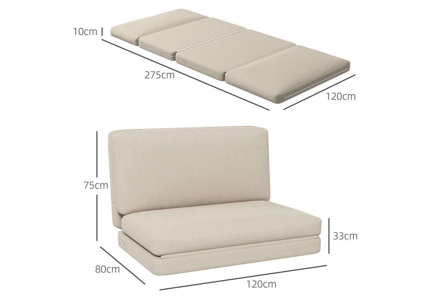 HOMCOM Sitzkissen 3-in-1 Klappbar Schlafsofa mit Samtoptik, für Schlafzimmer, Wohnzimmer, Beige Bild 5