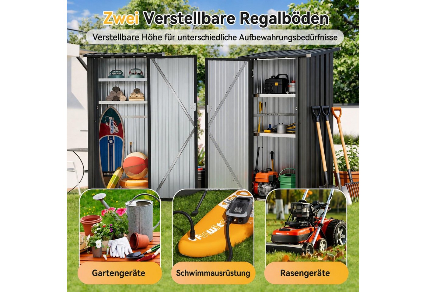 AOXUN Garten-Geräteschrank mit 2 höhenverstellbaren Einlegeböden und abschließbarer Tür, BxT: 88x61 cm, (1 St), Außen-Gartenschrank aus Metall, Schwarz, 88 x 61x 164 cm