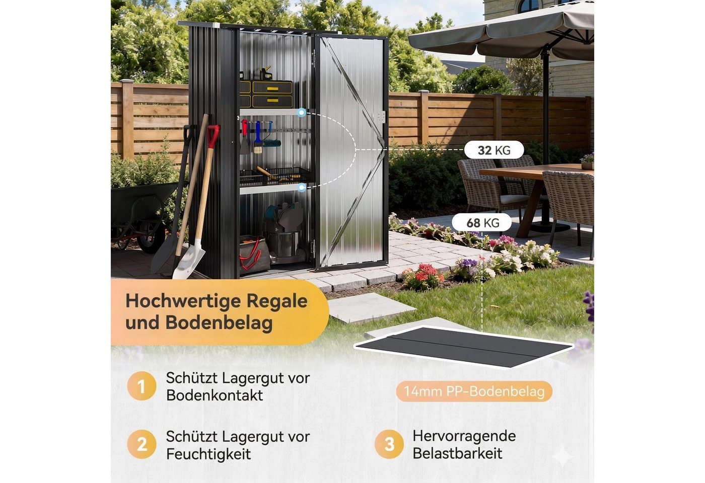 AOXUN Garten-Geräteschrank mit 2 höhenverstellbaren Einlegeböden und abschließbarer Tür, BxT: 88x61 cm, (1 St), Außen-Gartenschrank aus Metall, Schwarz, 88 x 61x 164 cm Bild 2