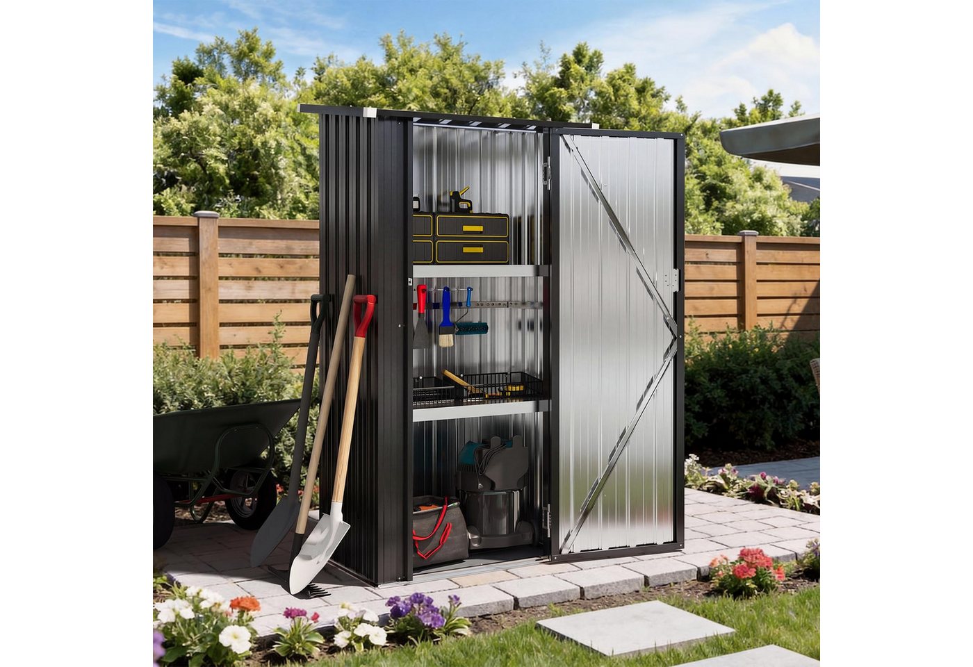 AOXUN Garten-Geräteschrank mit 2 höhenverstellbaren Einlegeböden und abschließbarer Tür, BxT: 88x61 cm, (1 St), Außen-Gartenschrank aus Metall, Schwarz, 88 x 61x 164 cm Bild 3