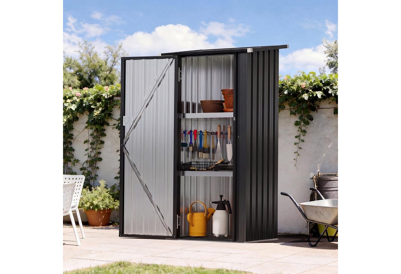 AOXUN Garten-Geräteschrank mit 2 höhenverstellbaren Einlegeböden und abschließbarer Tür, BxT: 88x61 cm, (1 St), Außen-Gartenschrank aus Metall, Schwarz, 88 x 61x 164 cm Bild 4
