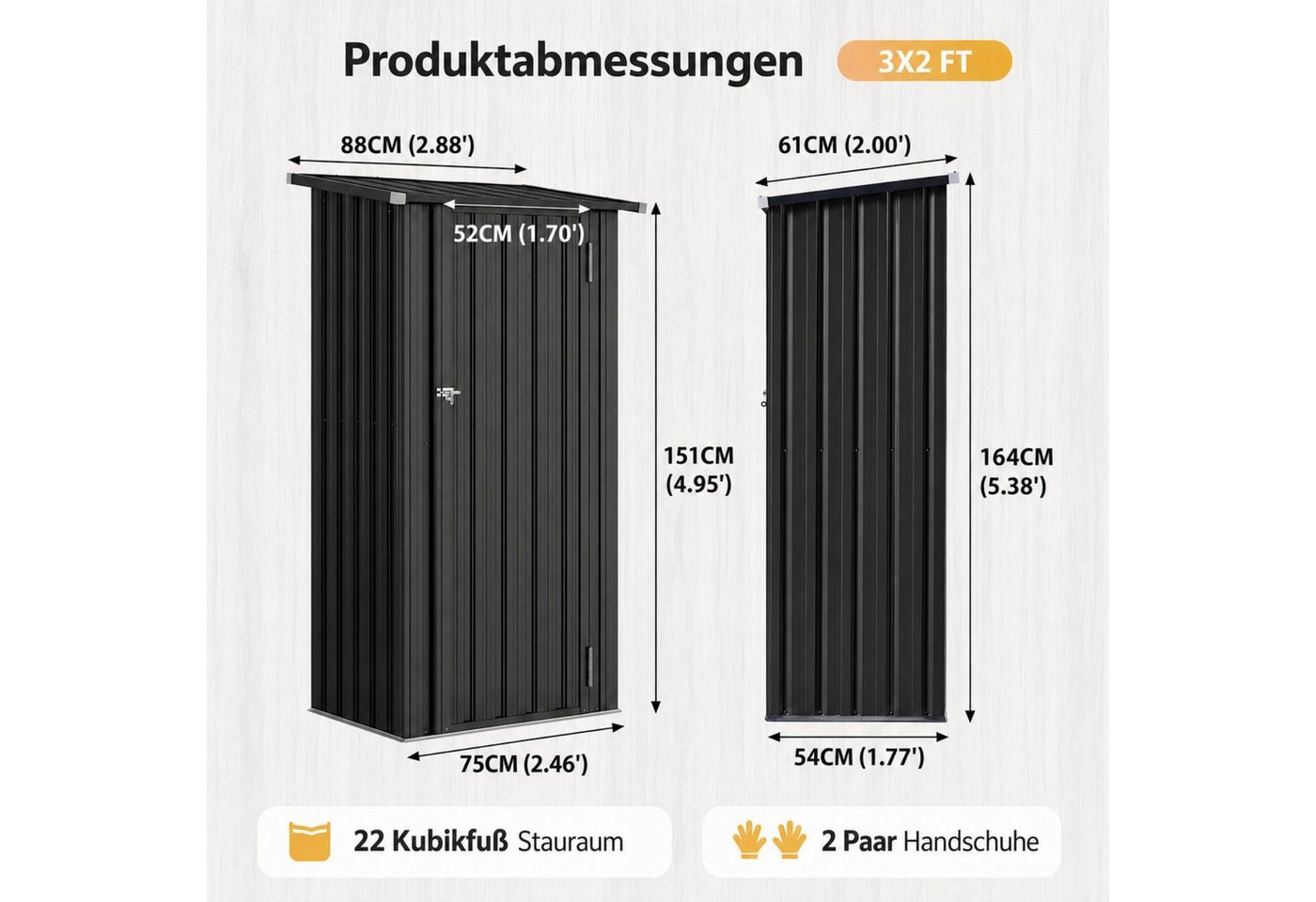 AOXUN Garten-Geräteschrank mit 2 höhenverstellbaren Einlegeböden und abschließbarer Tür, BxT: 88x61 cm, (1 St), Außen-Gartenschrank aus Metall, Schwarz, 88 x 61x 164 cm Bild 5