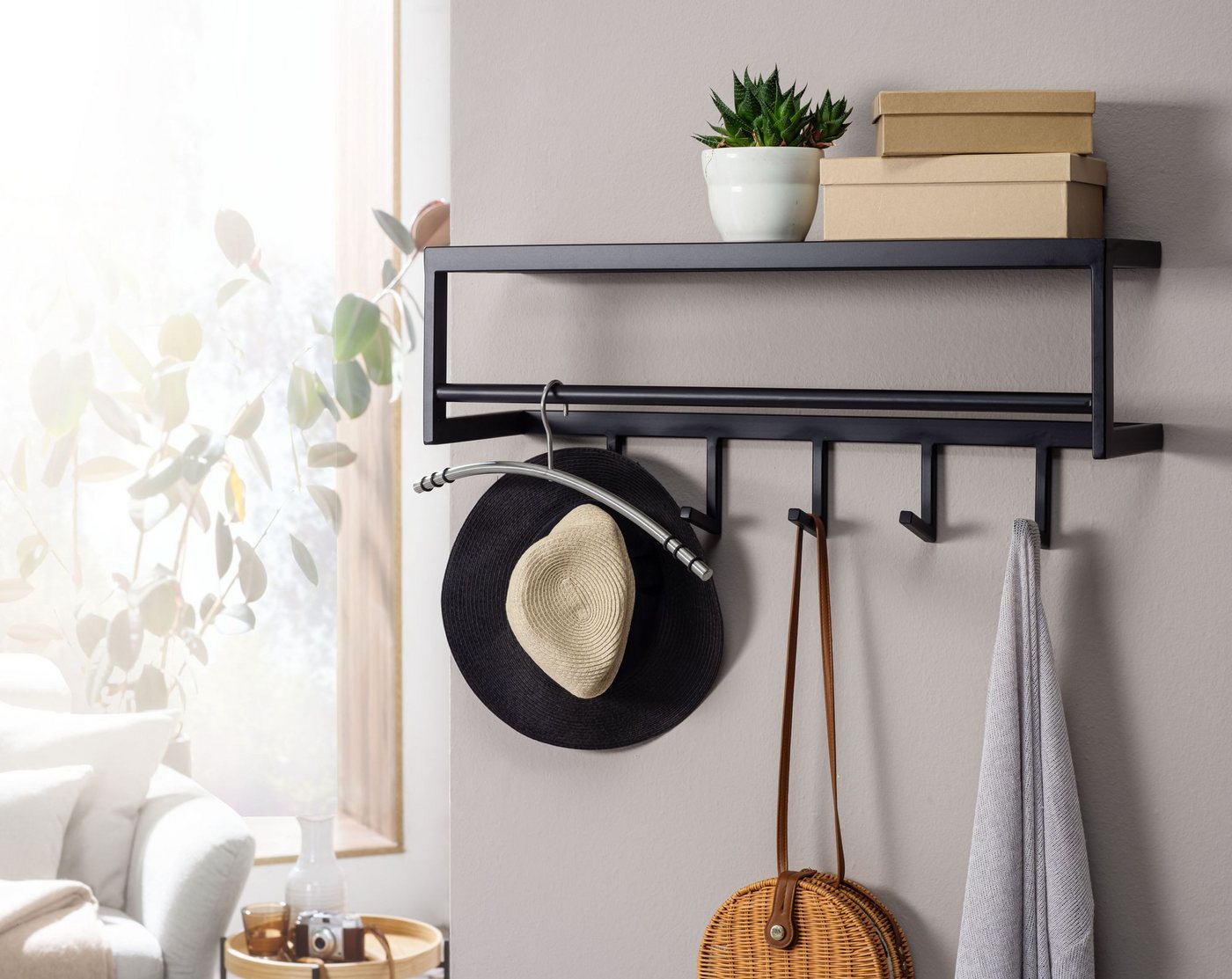 furnicato Garderobe Wandgarderobe mit Ablage 70x20x20 cm Schwarz (1 St), Garderobenständer mit Ablagefläche und massiven Haken für den Flur