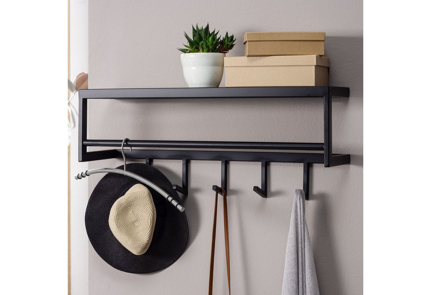 furnicato Garderobe Wandgarderobe mit Ablage 70x20x20 cm Schwarz (1 St), Garderobenständer mit Ablagefläche und massiven Haken für den Flur Bild 3
