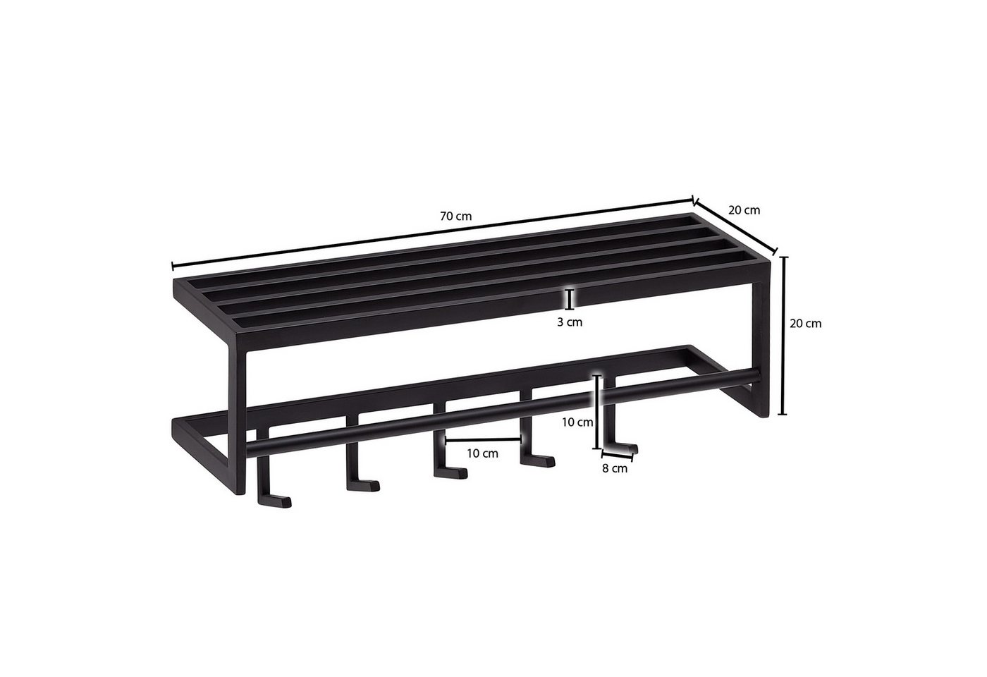 furnicato Garderobe Wandgarderobe mit Ablage 70x20x20 cm Schwarz (1 St), Garderobenständer mit Ablagefläche und massiven Haken für den Flur Bild 5