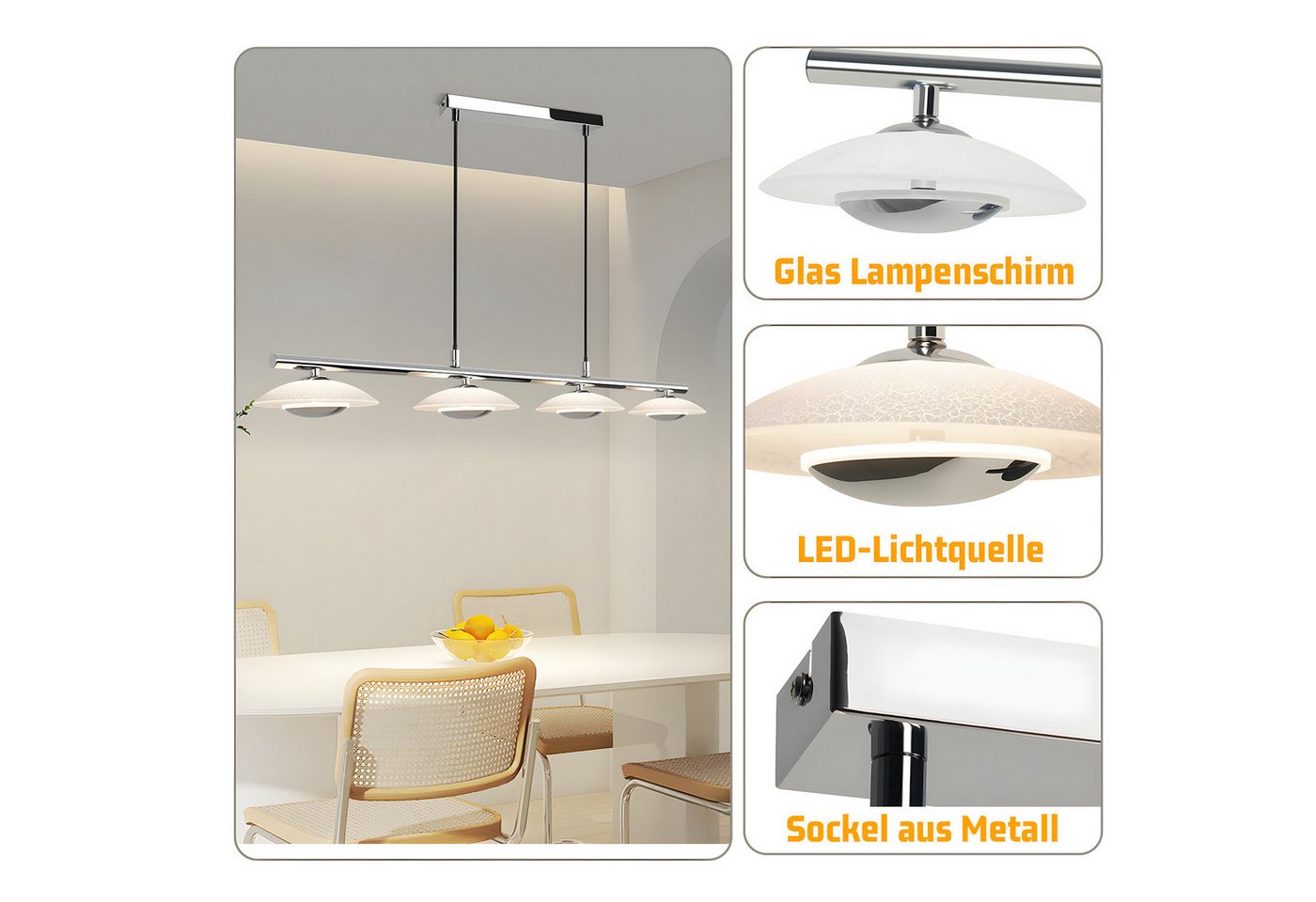 ZMH LED Pendelleuchte Esszimmer Chrom Glas Metall Pendellampe 3000K für Schlafzimmer Küche, Augenschutz, Einfache Installtion, LED fest integriert, Warmweiß, Höhenverstellbar Modern Design Hängeleuchte Esstisch