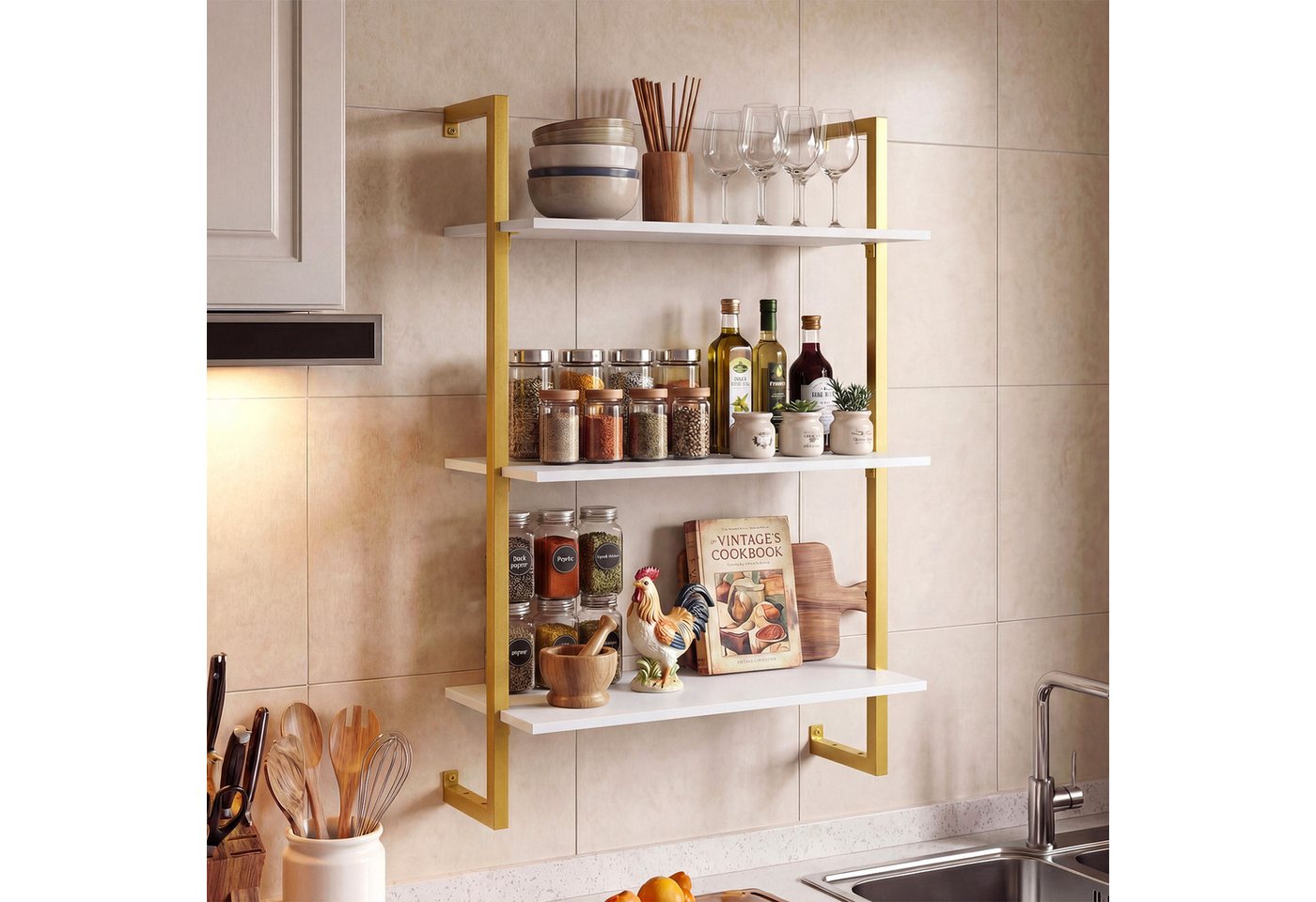 COSTWAY Wandregal, Küchenregal mit Metallrahmen Schweberegal Bücherregal Bild 5