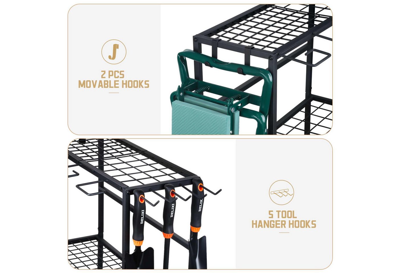 Fyrove Gartengerätehalter Metall Gartengerätehalter Werkzeugregal mit 11 Haken, 74×41×66cm, (für Garage, Garten & Keller, mit 3 Ebenen,platzsparend,stabil, rostfrei,hohe Tragkraft) Bild 4
