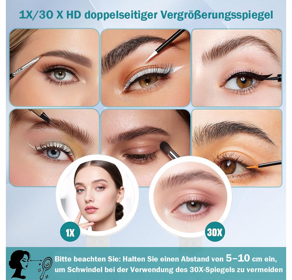 AFKSMILE Kosmetikspiegel Kosmetikspiegel mit Beleuchtung, 30X/1X Doppelseitig Schminkspiegel (1-St), 3 Farben Beleuchtungsmodi, Einstellbare Helligkeit, Tragbar & Klappbar Bild 4