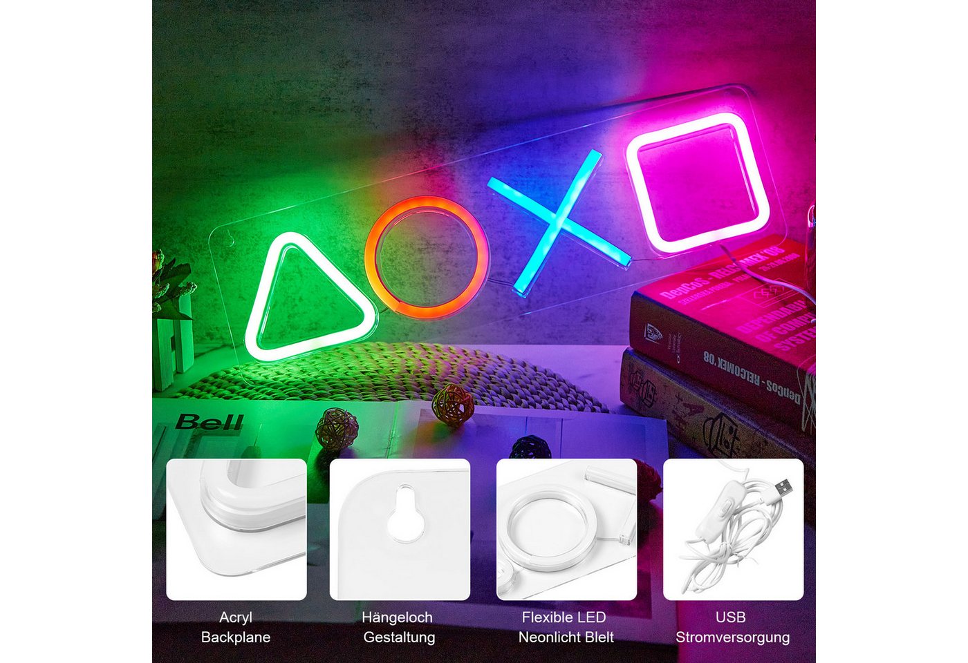 Jibenhome LED Dekolicht Spiel Leuchtreklame Gaming Neon Schild Neonlicht, USB Plug-and-Play, Spieltaste Leuchtschild Bar Schild Neon Sign für Wand Room Party Deko Bild 4