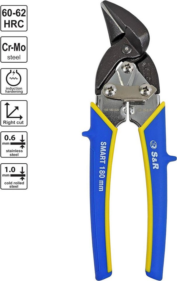 S&R Blechschere Professional Mini - Ideal-Serie, gehärtete Chrom-Molybdän-Klingen, (1-tlg), stark und wendig, 180 mm, Rechtsschnitt, gummierte Griffe, kompakt
