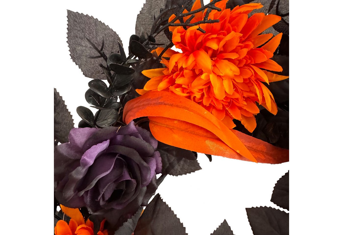 Online-Fuchs Dekokranz zum Aufhängen - Türkranz mit LED-Lichterkette und 6-Stunden Timer, aus schwarzen Rosen und orangen Chrysanthemen