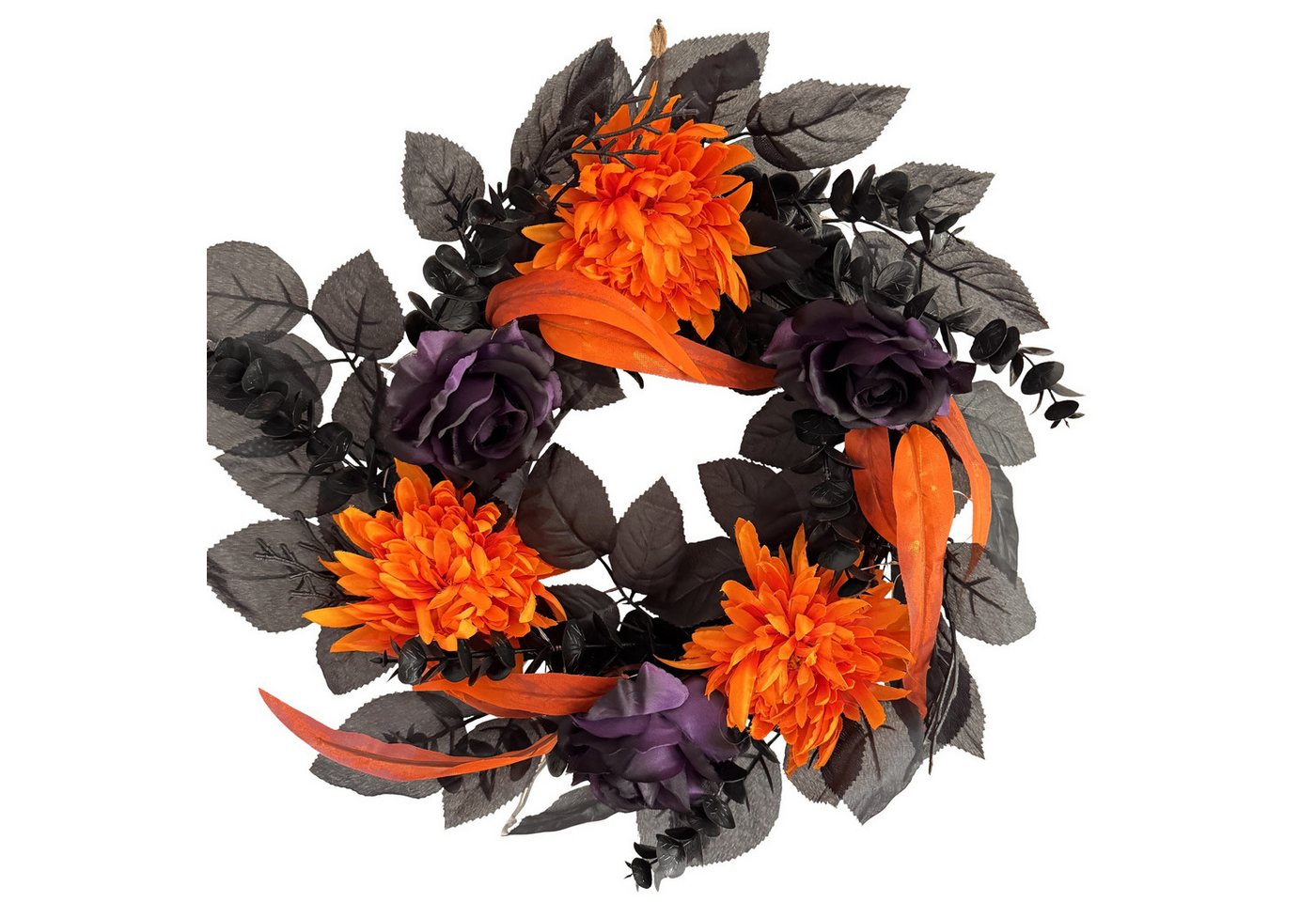 Online-Fuchs Dekokranz zum Aufhängen - Türkranz mit LED-Lichterkette und 6-Stunden Timer, aus schwarzen Rosen und orangen Chrysanthemen Bild 3