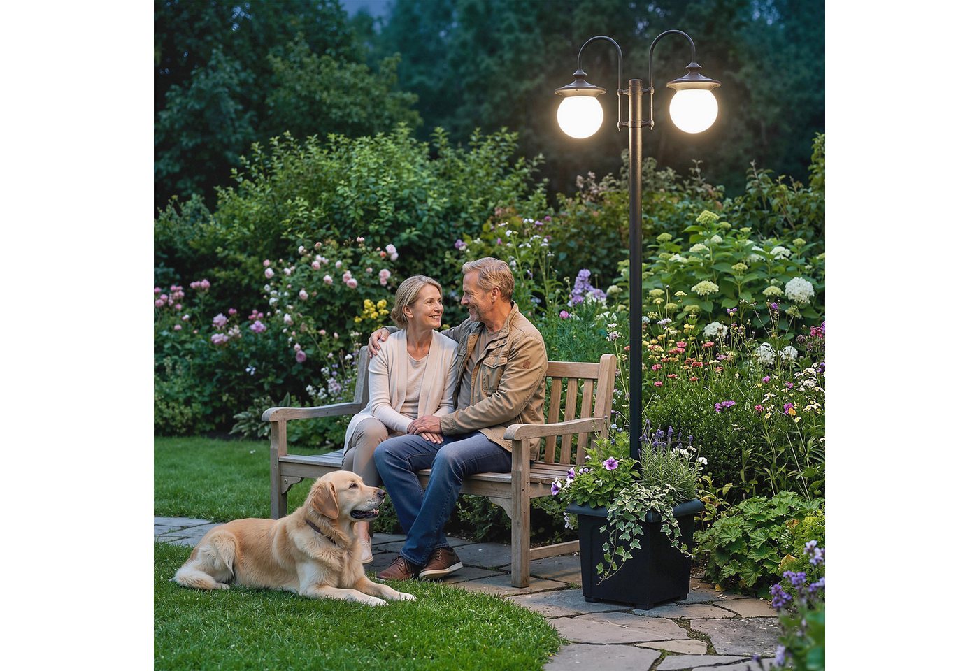 Outsunny Außen-Stehlampe verstellbar aus Edelstahl, Ein-,Ausschalter, LED fest integriert, Extra-Warmweiß, Solar, 2 Köpfe, Pflanzgefäß, IP44