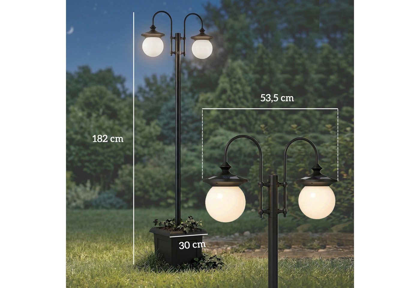 Outsunny Außen-Stehlampe verstellbar aus Edelstahl, Ein-,Ausschalter, LED fest integriert, Extra-Warmweiß, Solar, 2 Köpfe, Pflanzgefäß, IP44 Bild 2
