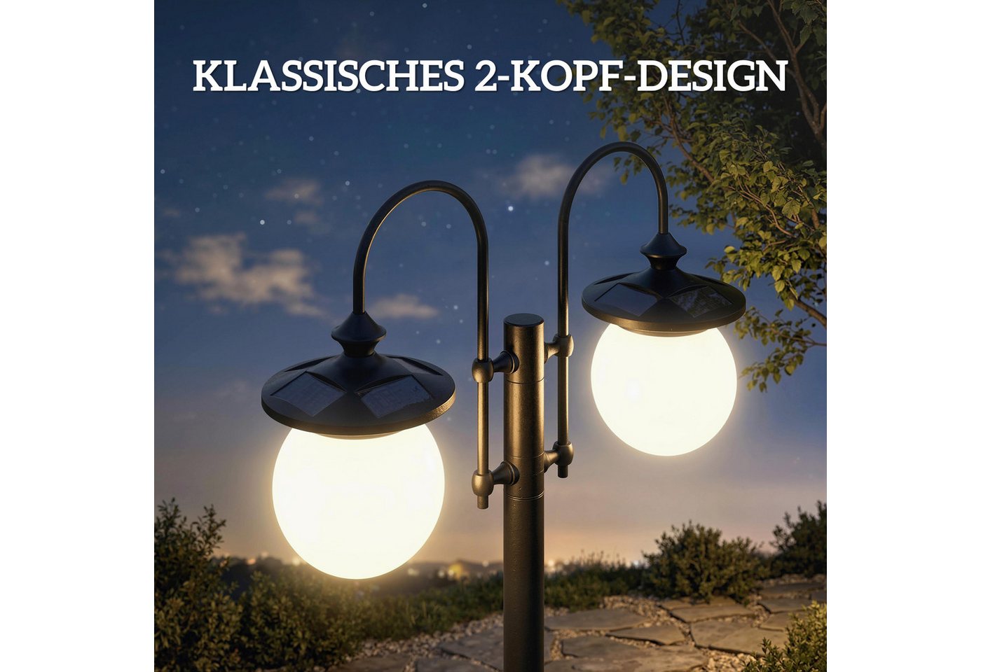 Outsunny Außen-Stehlampe verstellbar aus Edelstahl, Ein-,Ausschalter, LED fest integriert, Extra-Warmweiß, Solar, 2 Köpfe, Pflanzgefäß, IP44 Bild 3