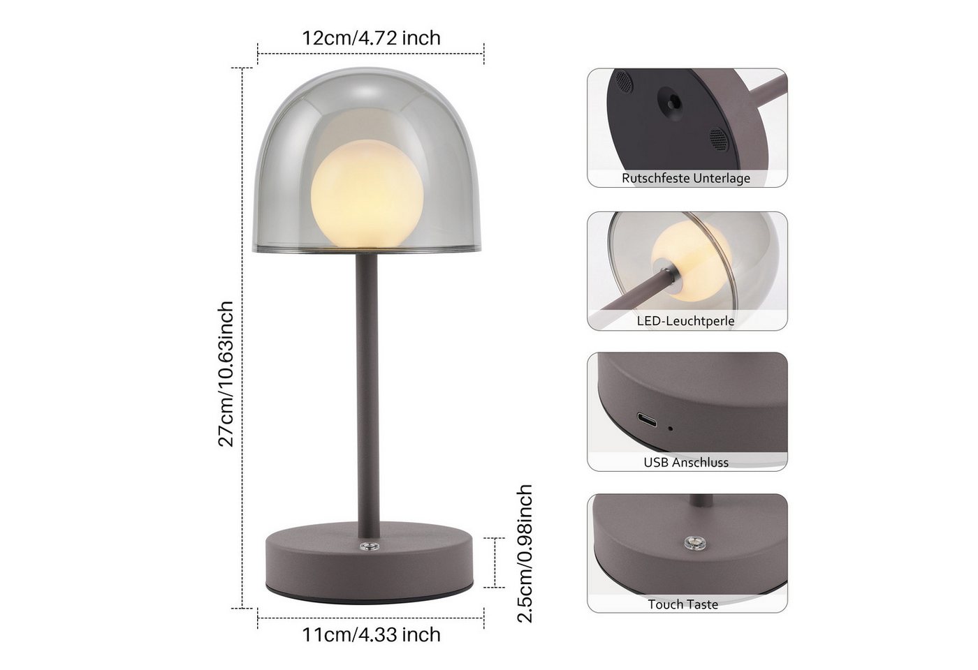 Nettlife LED Tischleuchte kabellos dimmbar Touch 3 Farbtemperaturen Akkubetrieb Nachttischlampe, für Schlafzimmer Wohnzimmer Arbeitszimmer Büros Bild 2