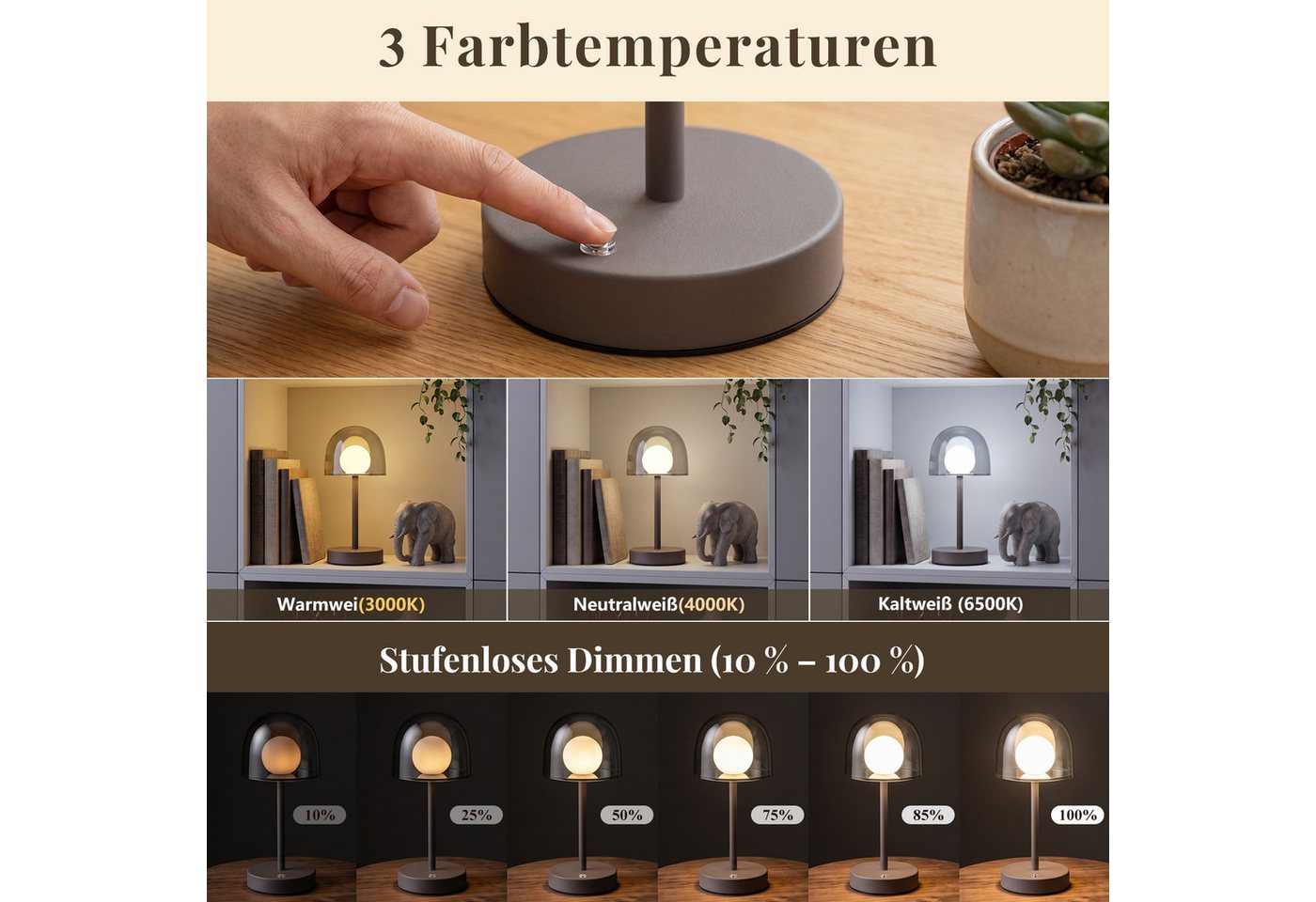 Nettlife LED Tischleuchte kabellos dimmbar Touch 3 Farbtemperaturen Akkubetrieb Nachttischlampe, für Schlafzimmer Wohnzimmer Arbeitszimmer Büros Bild 5