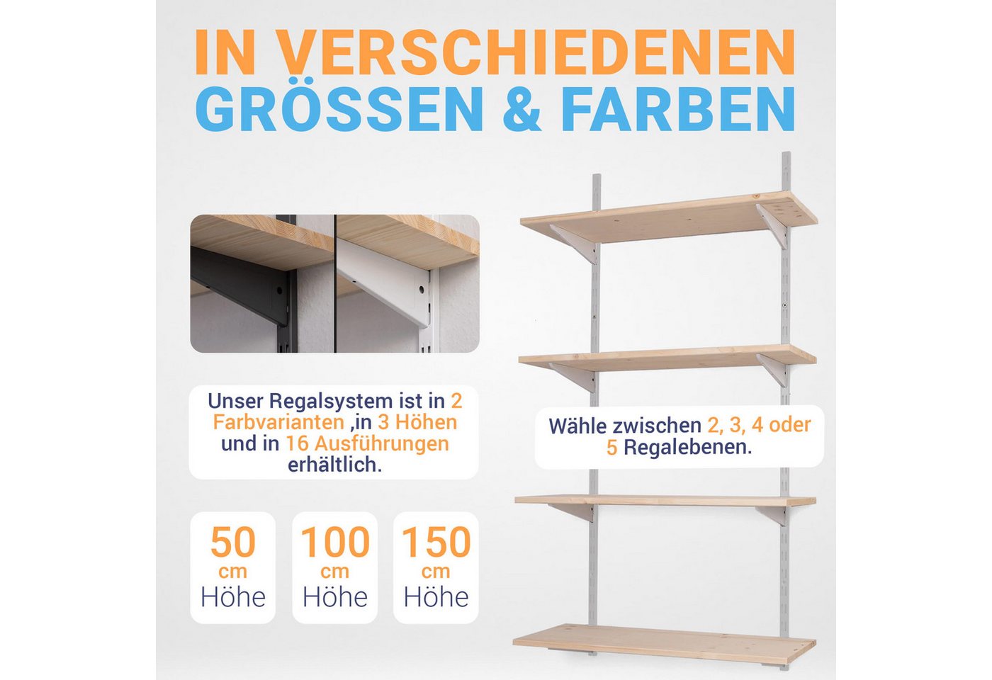 BOOMET Wandregal Metall Regal mit Fichtenböden · Regalsystem in 50 Größen · Weiß, 80 12-tlg., Bausatz · Wandschienen Regalsystem · Regalträger Schienensystem