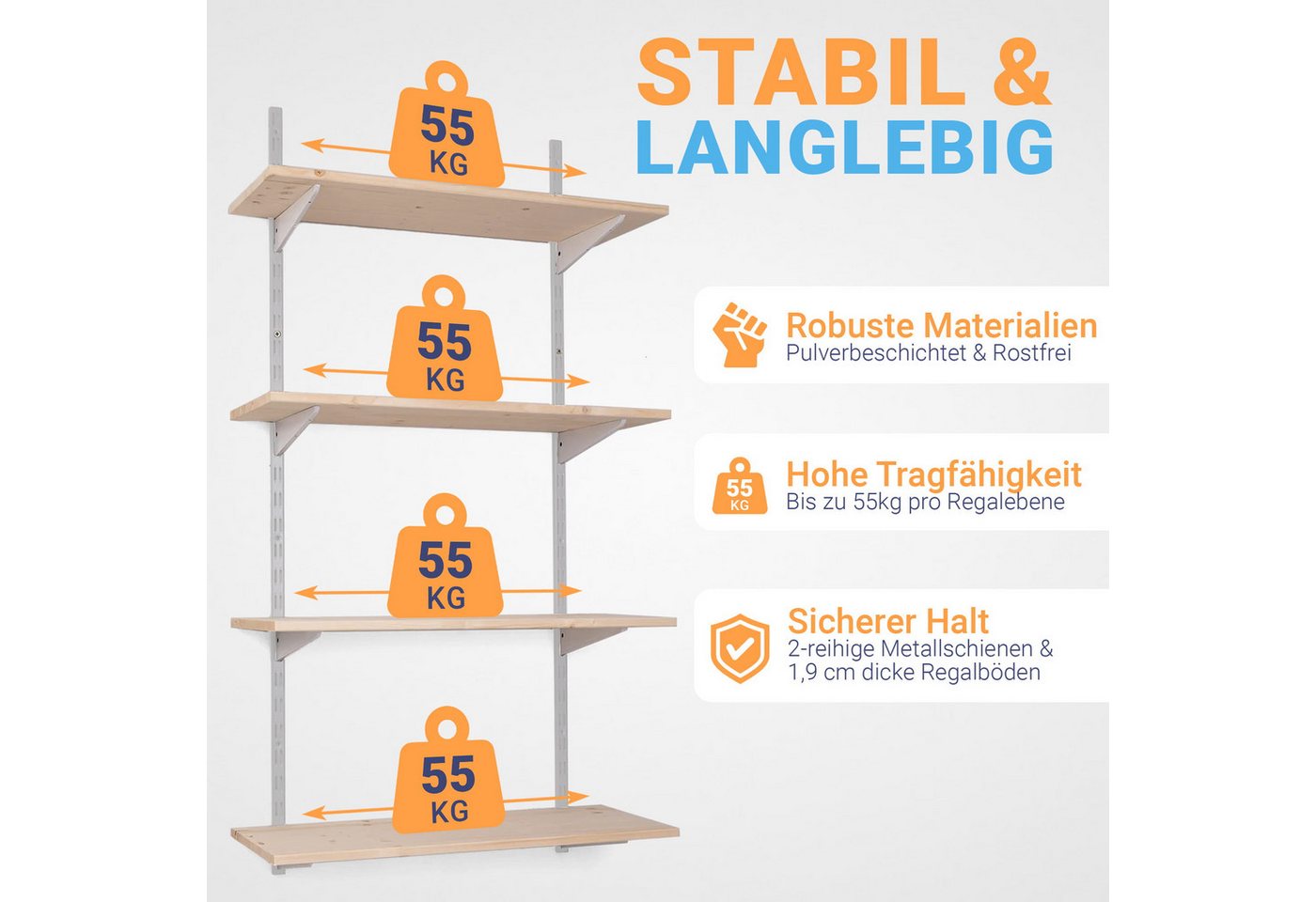 BOOMET Wandregal Metall Regal mit Fichtenböden · Regalsystem in 50 Größen · Weiß, 80 12-tlg., Bausatz · Wandschienen Regalsystem · Regalträger Schienensystem Bild 3