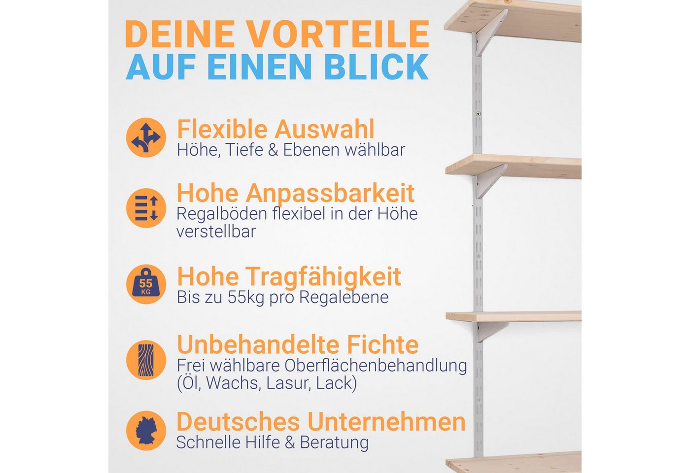 BOOMET Wandregal Metall Regal mit Fichtenböden · Regalsystem in 50 Größen · Weiß, 80 12-tlg., Bausatz · Wandschienen Regalsystem · Regalträger Schienensystem Bild 5