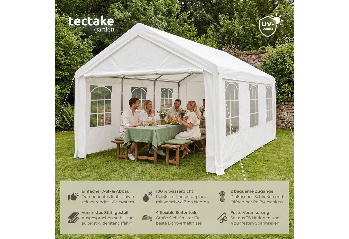 tectake Pavillon Gartenzelt 4 x 6 m wasserdicht mit UV-Schutz 50+ Seitenteile, mit 4 Seitenteilen, (Schutzdach Jasko, in Weiß), Klicksystem für schnellen Aufbau, inklusive Spannseile und Heringe Bild 2