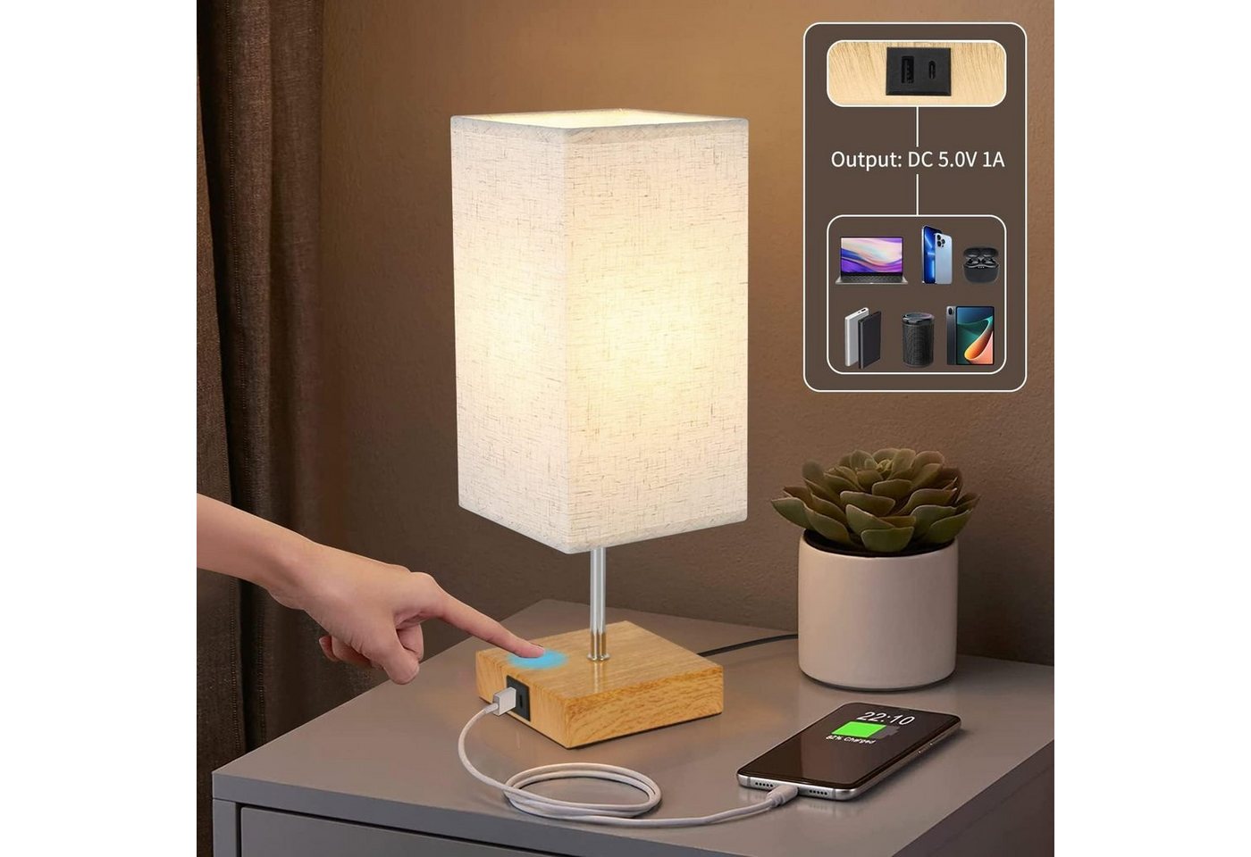 ZMH Tischleuchte Schlafzimmer Touch Nachttischlampe - Warmweiß Dimmbar, max. 40W,Stoffschirm