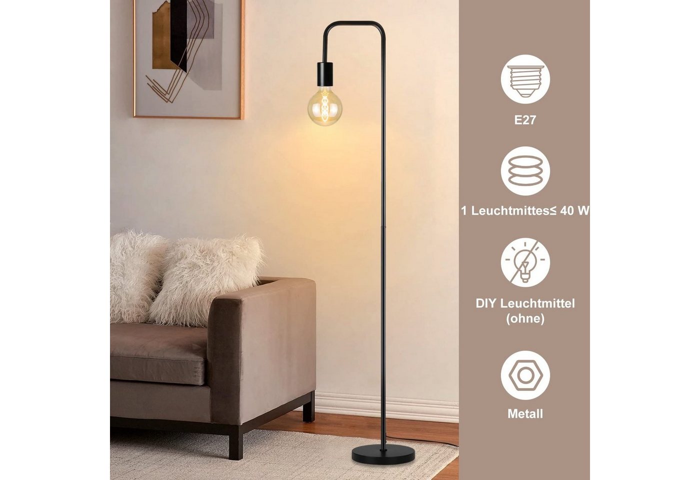 ZMH Stehlampe Vintage Schwarz mit Fußschalter Industrial Design aus Metall, ohne Leuchtmittel