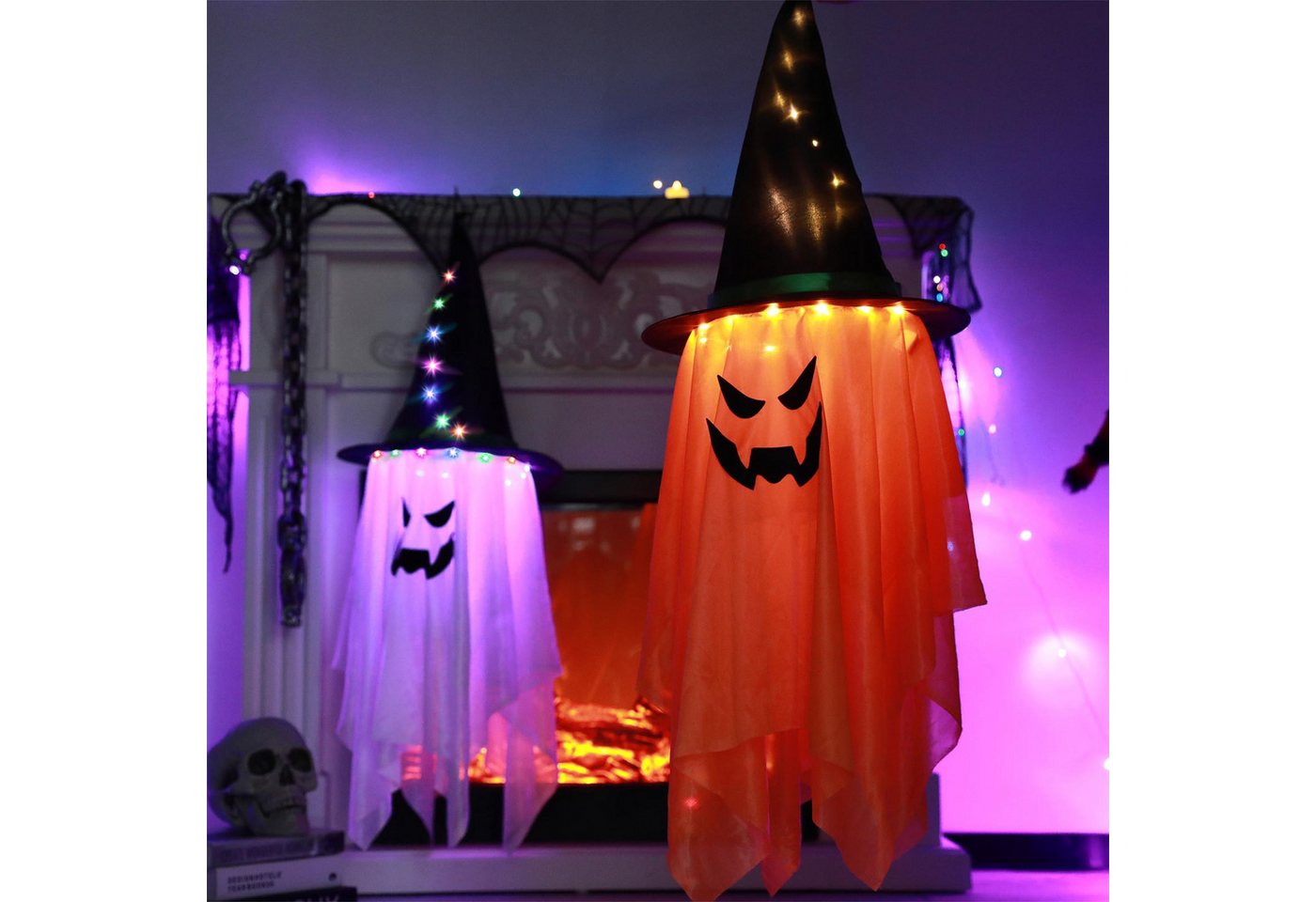MUPOO LED-Lichterkette Halloween Dekorationen,LED-Geisterlampe, Geisterlicht, Halloween Hängender Geister,Hexenhüte,Batteriegespeist