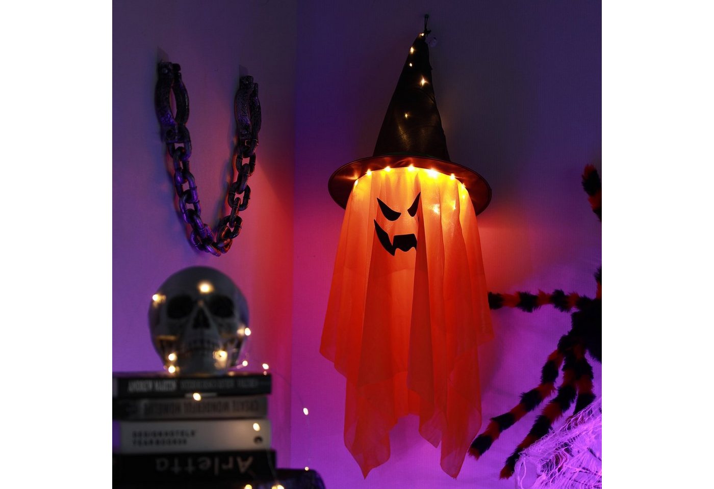 MUPOO LED-Lichterkette Halloween Dekorationen,LED-Geisterlampe, Geisterlicht, Halloween Hängender Geister,Hexenhüte,Batteriegespeist Bild 2