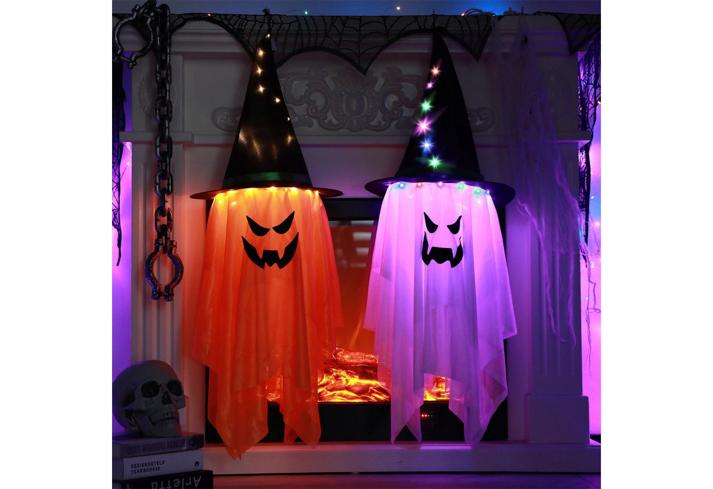 MUPOO LED-Lichterkette Halloween Dekorationen,LED-Geisterlampe, Geisterlicht, Halloween Hängender Geister,Hexenhüte,Batteriegespeist Bild 3