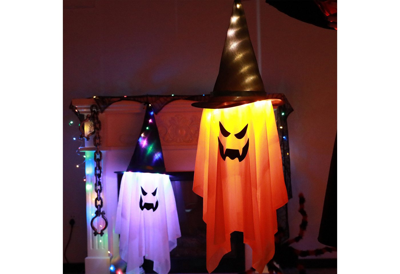 MUPOO LED-Lichterkette Halloween Dekorationen,LED-Geisterlampe, Geisterlicht, Halloween Hängender Geister,Hexenhüte,Batteriegespeist Bild 4