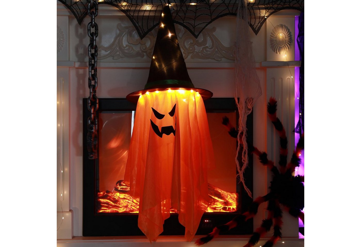 MUPOO LED-Lichterkette Halloween Dekorationen,LED-Geisterlampe, Geisterlicht, Halloween Hängender Geister,Hexenhüte,Batteriegespeist Bild 5