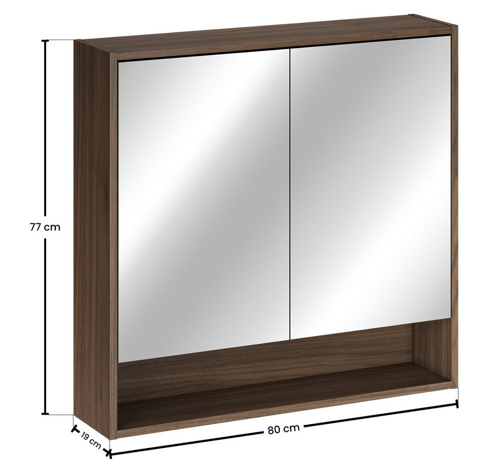 Lomadox Spiegelschrank VERZUOLO-56-WALNUT 80 cm breit in Walnuss, 2-türig, inkl. LED-Beleuchtung