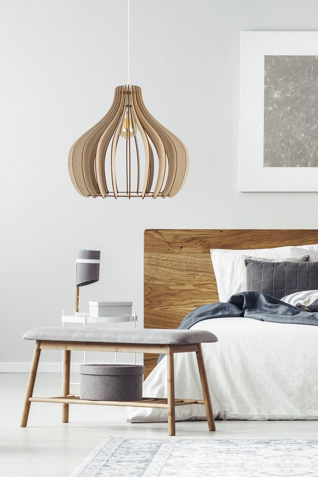 Licht-Erlebnisse Pendelleuchte ERAZ, ohne Leuchtmittel, Metall Holz E27 D: 40 cm rund H: max. 105 cm Weiß Natur Skandinavisch