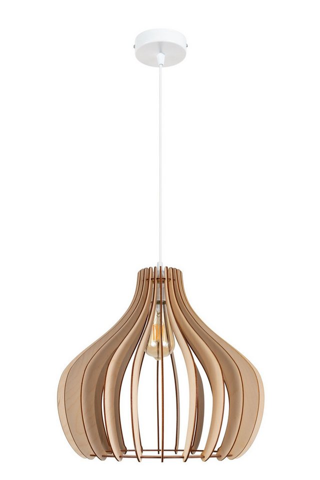 Licht-Erlebnisse Pendelleuchte ERAZ, ohne Leuchtmittel, Metall Holz E27 D: 40 cm rund H: max. 105 cm Weiß Natur Skandinavisch Bild 3