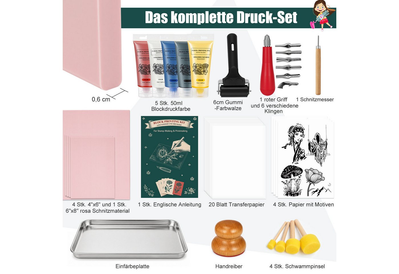 OSTWOLKE Kreativset Lino-Schneid und Druckset, Blockdruck Set mit Tinte für Einsteiger, (50-tlg), Komplettes Stempelmacher‑Set DIY