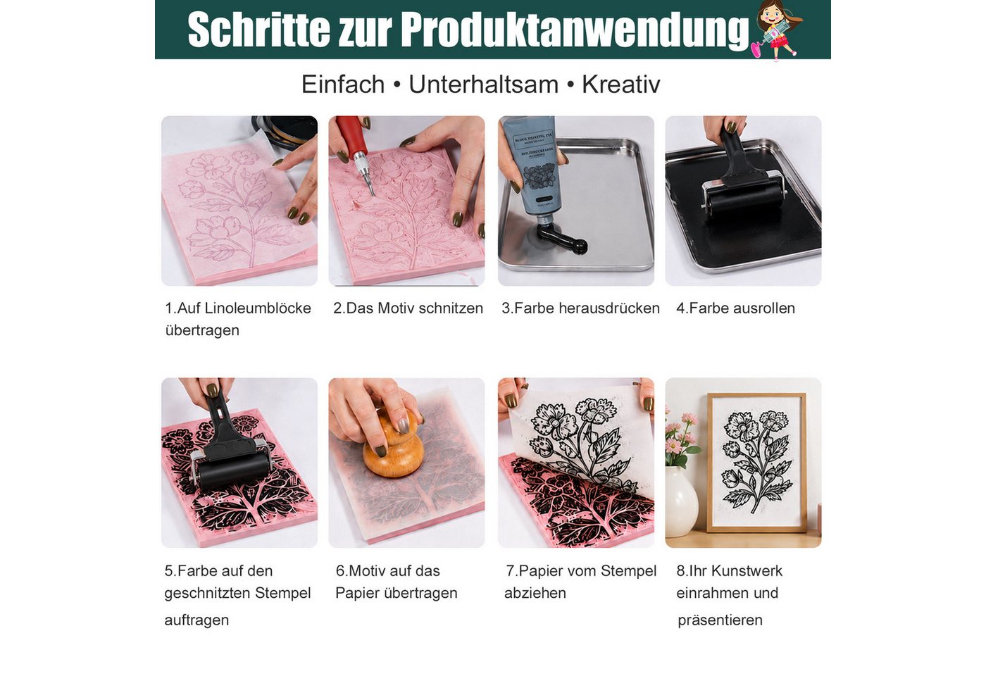 OSTWOLKE Kreativset Lino-Schneid und Druckset, Blockdruck Set mit Tinte für Einsteiger, (50-tlg), Komplettes Stempelmacher‑Set DIY Bild 4