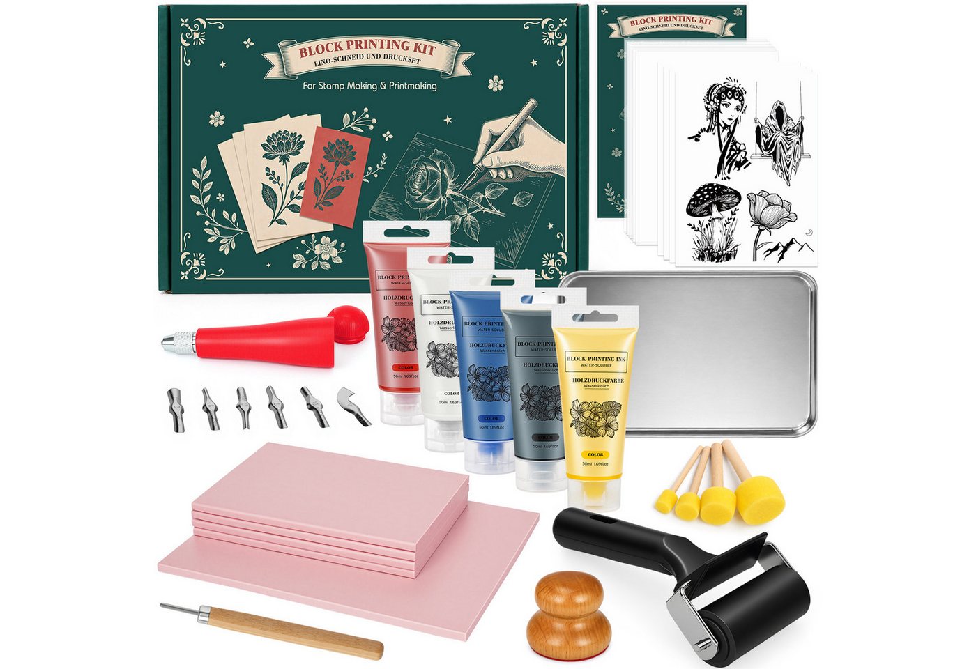 OSTWOLKE Kreativset Lino-Schneid und Druckset, Blockdruck Set mit Tinte für Einsteiger, (50-tlg), Komplettes Stempelmacher‑Set DIY Bild 5