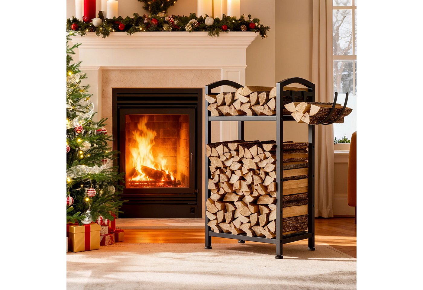 Yorbay Kaminholzregal aus Metall mit Tragetasche, Brennholz-Ständer & Transportbeutel, BxTxH:40.5x28x76 cm, für Kamin, Ofen & Garten