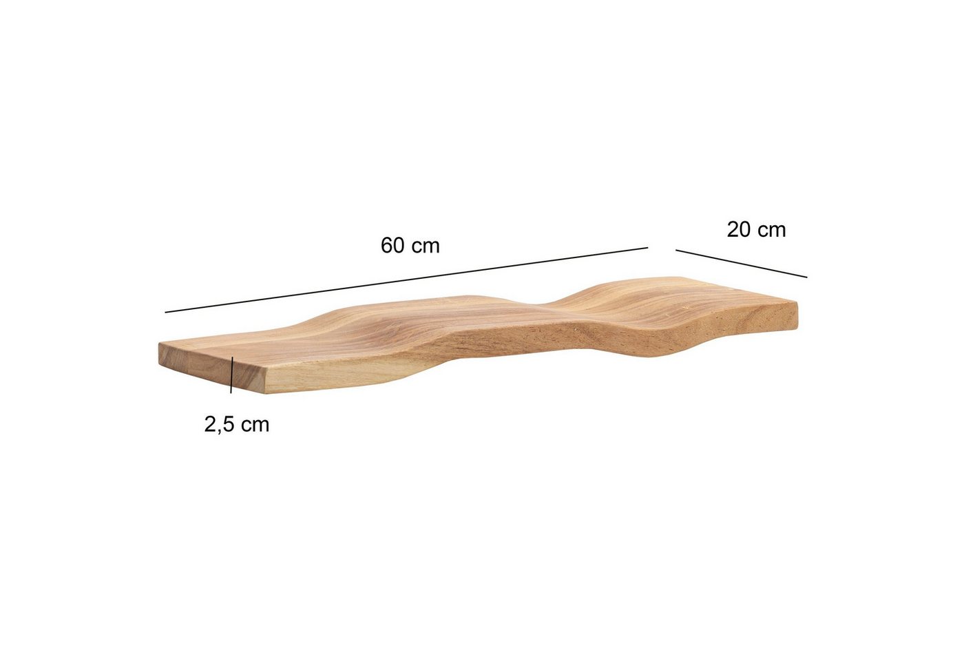 FINEBUY Wandregal FB74749 Wandregal Akazie Massivholz 60cm in moderner Wellenform, Elegantes Regalbrett mit geschwungener Form, Handgefertigt aus Akazienholz