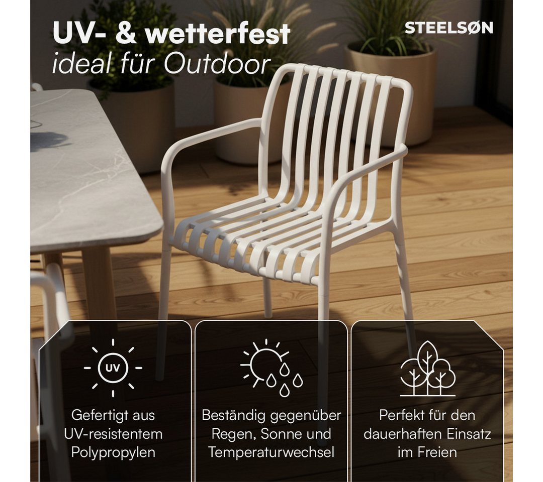 STEELSØN Gartenstuhl Pincoya, Balkonstuhl wetterfest und UV-beständig, bis 120 kg (weiß, 4er Set), stapelbarer Balkonstuhl Kunststoff, verfügbar als 2er/4er/6er Set Bild 4